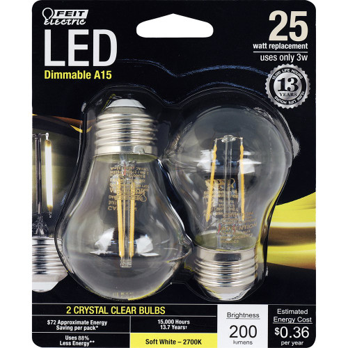 Feit Electric BPA1525/827/LED/2 25W Equivalent Clear A15 Dimmable LED Light Bulb (2 Pack), Soft White