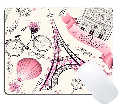 Wknoon Love Pink Paris Vintage Floral Eiffel Mouse Pad, Vintage Romantic Paris Floral Bike Painting Print Art Mouse Pads