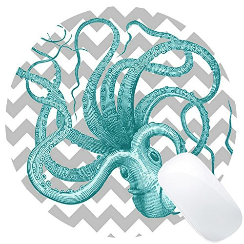 Wknoon Abstract Turquoise Octopus Art Round Mouse Pad Grey Chevron Zigzag Pattern Mat