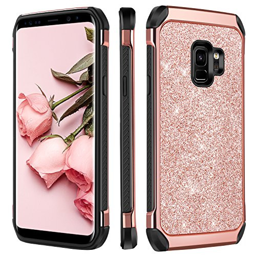 Galaxy S9 Case, BENTOBEN 2 in 1 Luxury Glitter Bling Hybrid Slim Hard PC Cover Laminated with Sparkly Shiny Faux Leather Chrome Shockproof Protective Phone Cases for Samsung Galaxy S9 Rose Gold