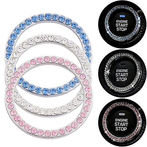 AndyGo Crystal Rhinestone Car Bling Sticker Ring Emblem, Auto Start Engine Ignition Button Key & Knobs, Bling For Car Interior Decoration