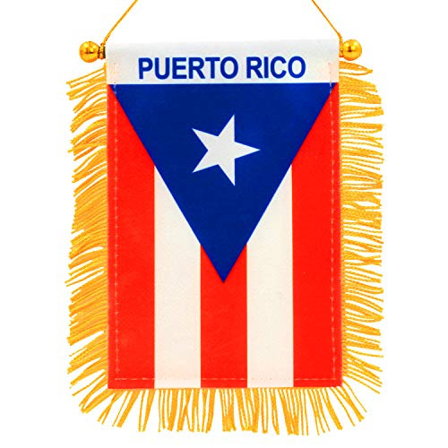 Anley 4 X 6 Inch Puerto Rico Window Hanging Flag - Rearview Mirror & Double Sided - Fringed Puerto Rican Mini Banner with Suction Cup