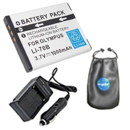 amsahr Digital Replacement Digital Camera and Camcorder Battery PLUS Mini Battery Travel Charger for Olympus Li-70B, FE-4020, FE-4040, X-940 - Includes Lens Accessories Pouch