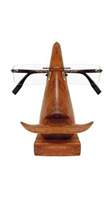 Inde Gallery Eyeglass Holder Spectacle Stand Wooden Hand Carved Nose Shaped, Dressing Table Accessory Writing Desk Accessory Spectacle Stand Wooden Hand Carved Nose Shaped - 6.5"