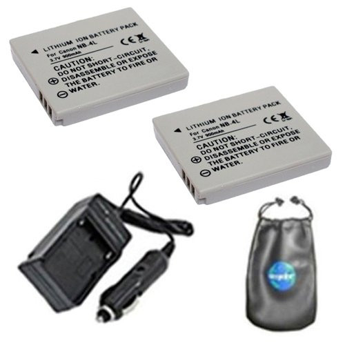 amsahr ValuePack (2 Count): Digital Replacement Digital Camera and Camcorder Battery PLUS Mini Battery Travel Charger for Canon NB-4L, Digital 50/40, IXUS 30 - Includes Lens Accessories Pouch