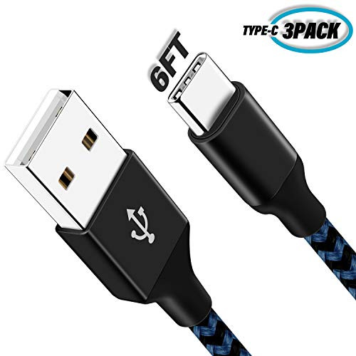 USB C Cable,Zcen USB Certified Type C Cable, USB C to USB A Charger (6ft, 3 Pack), Nylon Braided Fast Charging Cord for Samsung Galaxy S9 S8 Note 8, Pixel, LG V30 G6 G5, USB C Devices (Black Blue)