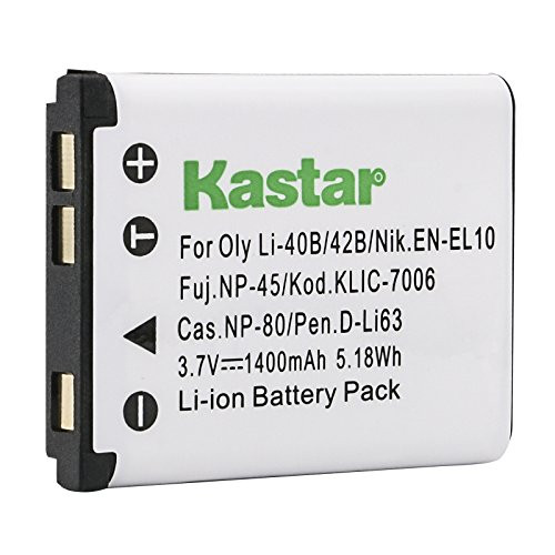 Kastar Replacement Digital Camera Battery for Olympus LI-40B LI-42B, Pentax D-LI63, Nikon EN-EL10, Fujifilm NP-45 NP-45A NP-45B NP-45S, Casio NP-80, Kodak KLIC-7006 Kastar Replacement Digital Camera Battery for Olympus LI-40B LI-42B, Pentax D-LI63, Nikon EN-EL10, Fujifilm NP-45 NP-45A NP-45B NP-45S, Casio NP-80, Kodak KLIC-7006