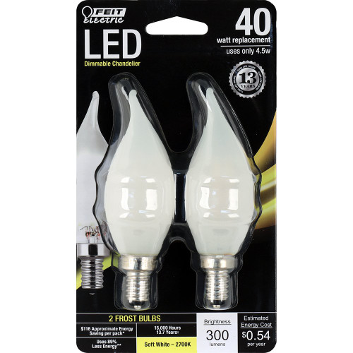 Feit Electric BPCFF40/827/LED/2 40W Equivalent Frost Dimmable Chandelier Flame Tip Candelabra Base LED Light Bulb (2 Pack), Soft White Feit Electric BPCFF40/827/LED/2 40W Equivalent Frost Dimmable Chandelier Flame Tip Candelabra Base LED Light Bulb (2 Pack), Soft White