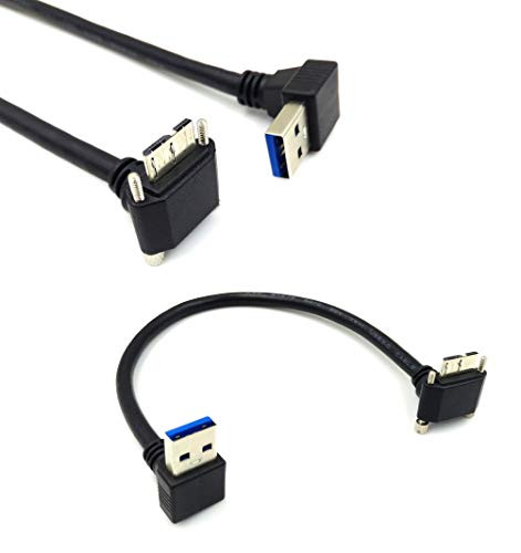Poyiccot USB 3.0 Micro B Cable, 25cm USB 3.0 A 90 Degree Down Angle Male to Micro B Male 90 Degree Up Angle with Dual Screw Locking Data Sync and Charging Cable (Micro USB Down Angle)
