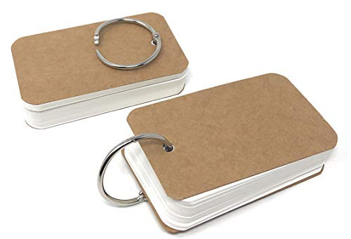 Rusoji Pack of 2 Easy Flip Blank White Flash Note Study Index Cards with Punched Hole and Metal Binder Ring