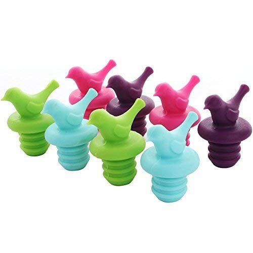 ScivoKaval Little Bird Silicone Wine Bottle Stopper Kit, Silicone Bottle Cork Set of 8, Assorted Color Green Yellow Pink and Purple