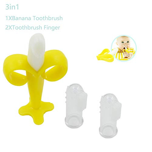 Alovexiong 3in1 Baby Teether Toys Silicone Infant Training Finger Baby Toothbrushes Banana Toothbrush Handle with 2 Baby Toothbrush Finger Train Your Child Habits with Storage Case for Baby