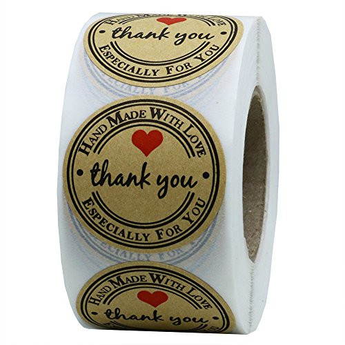 Hybsk Kraft Thank You Hand Made with Love with Red Heart Stickers 1.5" Inch Round Total 500 Adhesive Labels Per Roll
