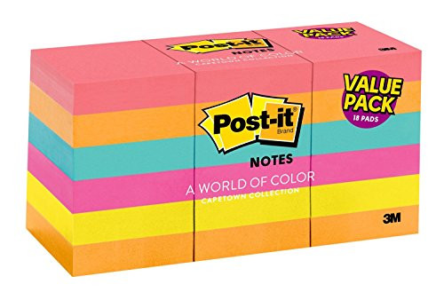 Post-it Notes, Brights, Unique Adhesive Designed for Paper, Great for Reminders, Recyclable, 1 3/8 in. x 1 7/8 in, 18 Pads/Pack, 100 Sheets/Pad (653-18AU)