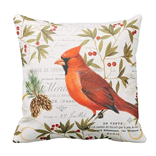 Royalours Throw Pillow Covers Vintage Christmas Cardinal Birds Stand on The Tree Branches Cotton Linen Halloween Decorative Pillow Case Cushion Cover Pillowslip 18" X 18" (S-Birds)