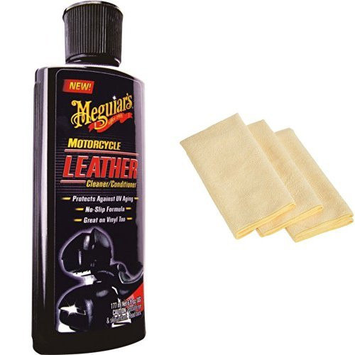 Meguiar's MC20306 Motorcycle Leather Cleaner and Conditioner - 6 oz. with 3 AmazonBasics Thick Microfiber Cleaning Cloths
