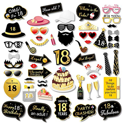 Konsait 18th Birthday Photo Booth Props, 18 Black and Faux Gold Happy Birthday Decorations DIY Photo Booth Prop Kits with Stick Party Accessories for Birthday Party Favor Supplies (55 Counts)