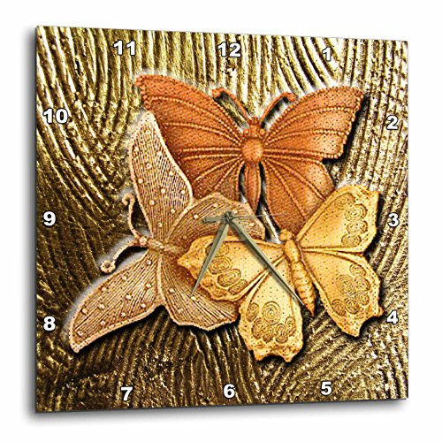3dRose DPP_128812_3 Gold Embossed Background with Accents and Three Beautiful Butterfliesin Golds, Yellows and Copper. Wall Clock, 15 by 15-Inch