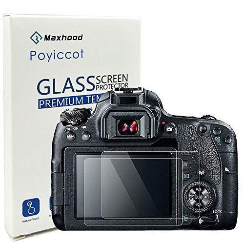 (2-Pack) Canon EOS 77D Tempered Glass Screen Protector, Poyiccot Optical 9H Hardness 0.3mm Ultra-Thin DSLR Camera Tempered Glass with Top LCD PET Screen Protector Film for Canon 77D
