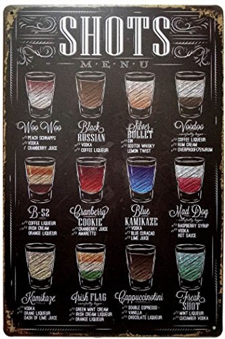 ERLOOD Shots Menu Retro Vintage Bar Metal Tin Sign Poster Ptyle Wall Art Pub Bar Decor 12 X 8