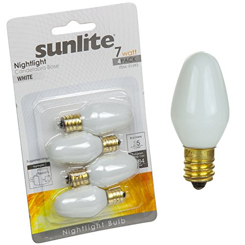 Sunlite 7C7/WH/CD4 Incandescent 7-Watt, Candelabra Based, C7 Night Light Bulb, White, 4 Pack