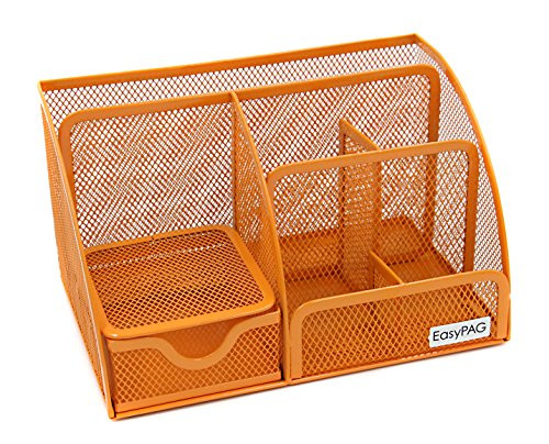 EasyPAG Mesh Desktop Organizer 6 Compartment Office Desk Organizers Supply Caddy with Drawer, Orange