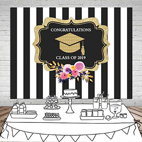 Daniu Graduation Party Backdrop Class of 2019 Black and White Stripes Photography Background Congrats Grad Prom Bachelor's Hat Decorations Photo Studio Booth Props Cake Table Banner 7x5FT