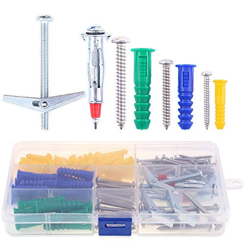 Hilitchi 122 Piece Plastic Self Drilling Drywall Hollow-Wall Anchor Molly Bolt Toggle Bolt with Screws Kit