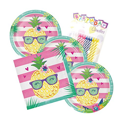 JJ Party Supplies Pineapple N Friends Party Theme Plates and Napkins Serves 16 With Birthday Candles