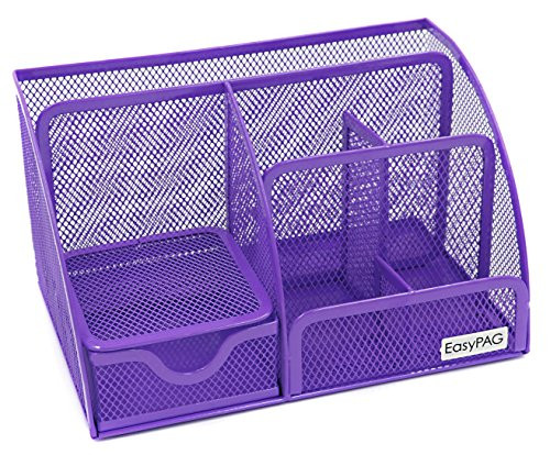 EasyPAG Mesh Desk Organizer Office Accessories Caddy 6 Compartments with Drawer,Purple