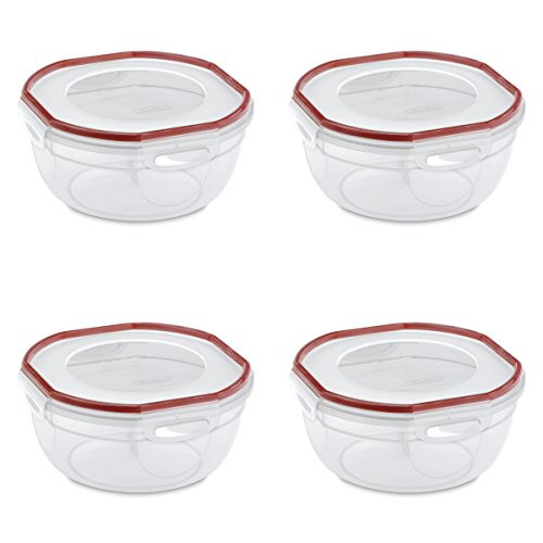 Sterilite 03938604 Ultra-Seal 2.5 Quart Bowl, Clear Lid & Base with Rocket Red Gasket, 4-Pack