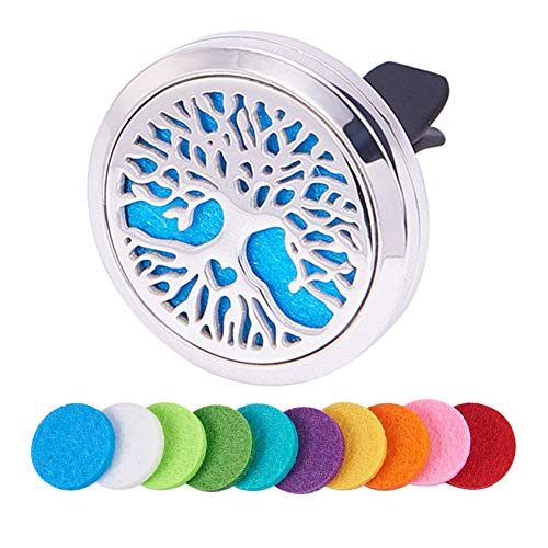 BENECREAT Tree of Life Car Air Freshener Aromatherapy Essential Oil Diffuser Stainless Steel Locket with Vent Clip 10 Washable Felt Pads - Style 4