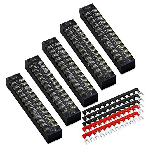 10pcs (5 Sets) 12 Positions Dual Row 600V 15A Screw Terminal Strip Blocks with Cover + 400V 15A 12 Positions Pre-Insulated Terminals Barrier Strip (Black & Red) by MILAPEAK