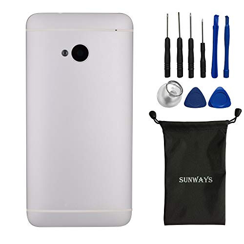 (Metallic Material) sunways Battery Case with Rear Camera Glass Lens+ Volume Button + Power Button Replacement for HTC One M7 801e 801n 801c 801s(Silver)