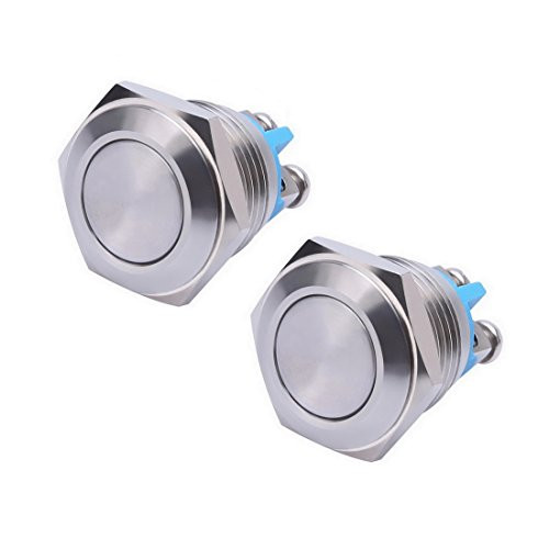 WerFamily 2 Pcs 16mm Waterproof Stainless Steel Metal Momentary Push Button Switches Flat Top 250V 3A 1NO SPST