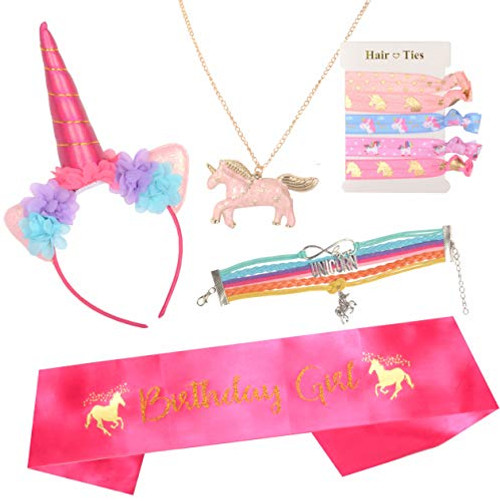 Unicorn Headband and Pink Satin Sash | Unicorn Birthday Party Supplies Favors | Unicorn Birthday Girl Set | Unicorn Headband and Punk Satin Sash | Unicorn Birthday Party Supplies (Rosa Pink)