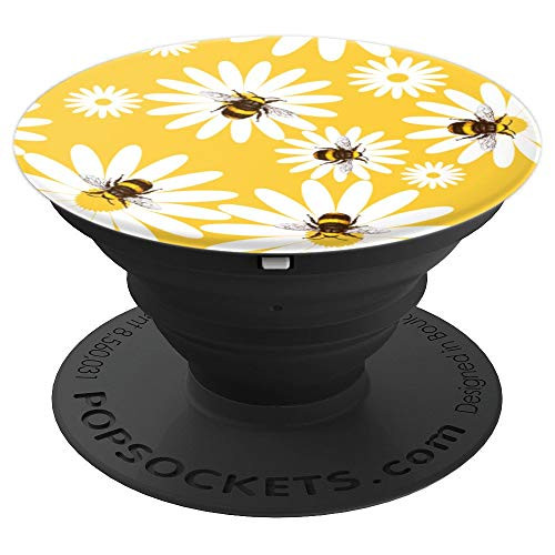 Cute Watercolor Bumble Bees On white and yellow Daisy Flower - PopSockets Grip and Stand for Phones and Tablets