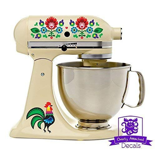 Dutch Folk Art Rooster and Flowers Kitchen Stand Mixer Appliance Decal Front/Back Vinyl Decal Set - Full Color