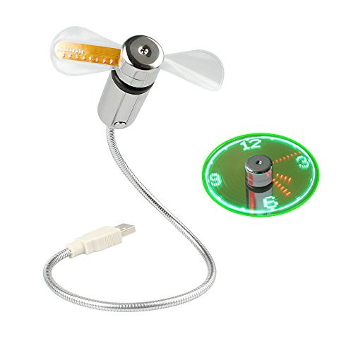B2ocled-USB LED Clock Fan 90mm USB-Powered Portable Fan with Clock, LED Light Display Time, Mini Gooseneck Fan for Laptop and PC-Green Light (Clock Fan)