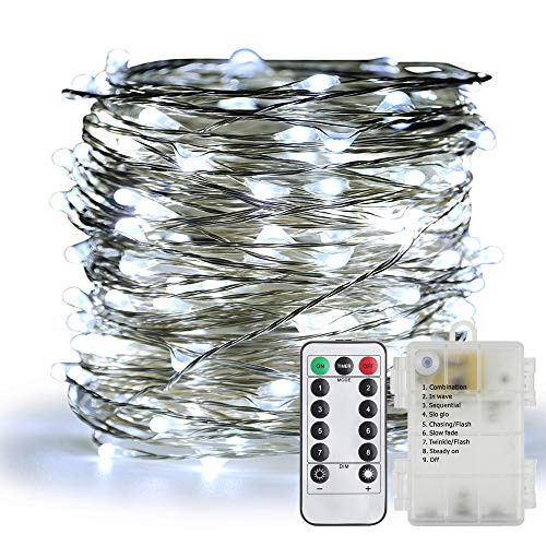 ER CHEN 200 LED String Lights, Battery Operated Waterproof Fairy Lights with Remote, 66 ft 8 Modes Silver Coated Copper Wire Christmas Lights with Timer for Bedroom Wedding Party (White)