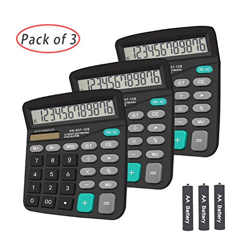 Basic Calculator,BESTWYA 12-Digit Dual Power Handheld Desktop Calculator with Large LCD Display Big Sensitive Button (Black, Pack of 3)