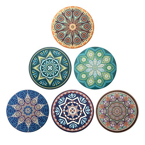 Yoption Absorbent Stone Coaster For Drinks, 6 Pack Mandala Moisture Absorbing Stone Coasters with Cork Base
