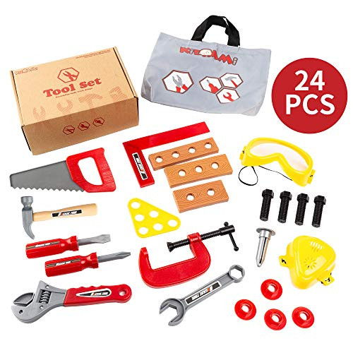 KIDAMI 24 Pieces Toy Tools, Construction Tool Set for Kids, Pretend Play Tool with Goggles & Mask, Educational Gift for Boys with a Handy Storage Bag KIDAMI 24 Pieces Toy Tools, Construction Tool Set for Kids, Pretend Play Tool with Goggles & Mask, Educational Gift for Boys with a Handy Storage Bag