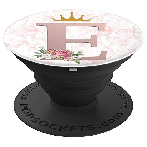 Rose Gold Letter E Floral Initial Monogram Crown on Marble - PopSockets Grip and Stand for Phones and Tablets