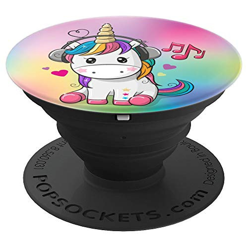 Sitting Unicorn Music Headphones On Rainbow Background - PopSockets Grip and Stand for Phones and Tablets