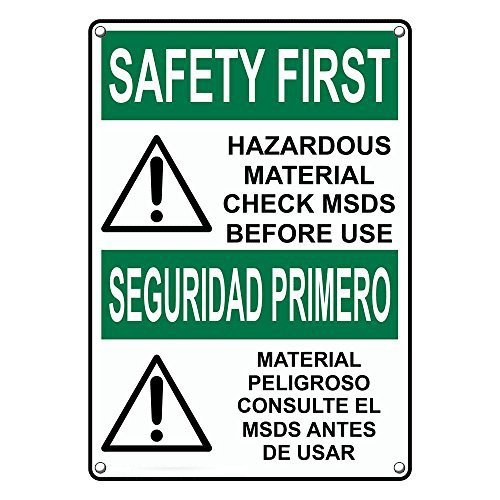 Weatherproof Plastic Vertical OSHA Safety First Hazardous Material MSDS Bilingual Sign with English & Spanish Text and Symbol