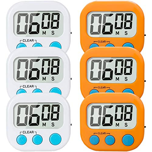 6 Pack Digital Kitchen Timer Magnetic Back with Stand Loud Alarm Large Display Minute Second Count Up Countdown