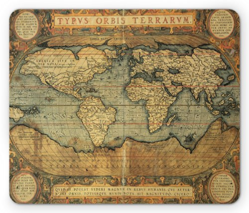 Ambesonne World Map Mouse Pad, Old Chart Vintage Composition of 16th Century Atlas Print, Rectangle Non-Slip Rubber Mousepad, Standard Size, Sand Brown and Slate Blue