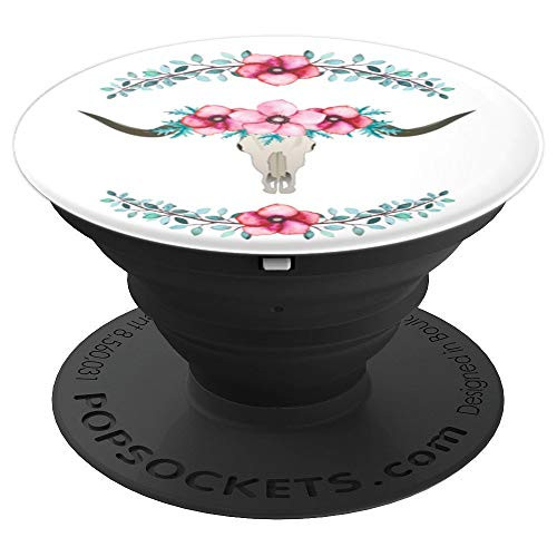 Longhorn Skull with Flowers on a White Background - PopSockets Grip and Stand for Phones and Tablets