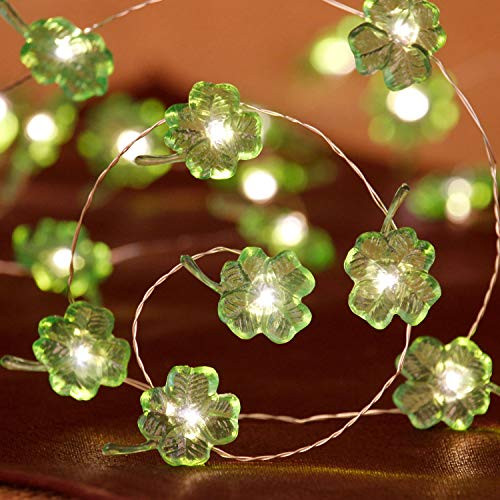 Impress Life St. Patricks Day Party String Lights Decorations, 10ft 40 Led Four-Leaf Clover Shamrock, Battery & Plug in Operated, 8 Models Remote Green Fairy Lighting for Indoor Covered Outdoor